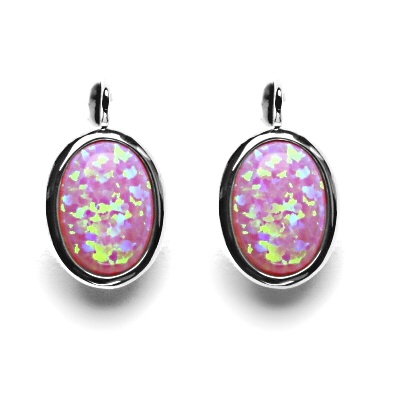 Zlaté náušnice, syntetický růžový opál, bílé zlato, NK 1454