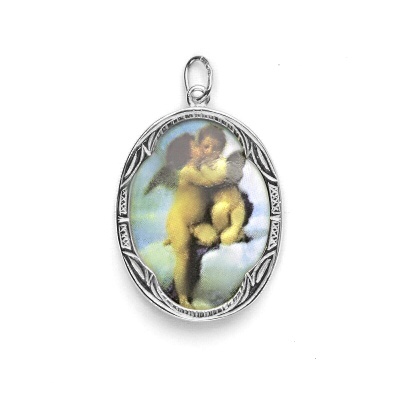 Zlatý přívěsek, porcelánový medailon Andělíčci, M-15, bílé zlato, P 158