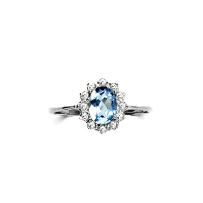Zlatý prsten s diamanty, přírodní topaz swiss, bílé zlato, VR 247