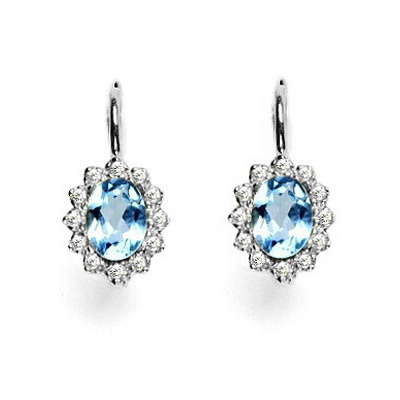 Zlaté náušnice s diamanty, přírodní topaz swiss, bílé zlato, VE 247