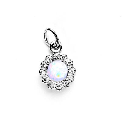 Zlatý přívěsek, syntetický bílý opál 5,5 mm a čiré zirkony, bílé i žluté zlato - P 1495