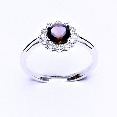 Zlatý prsten, bílé zlato, přírodní záhněda, čiré zirkony, T 1495