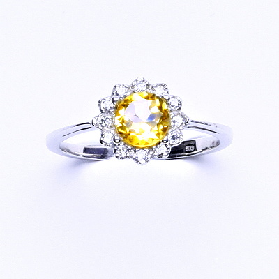 Zlatý prsten, bílé zlato, přírodní citrín, čiré zirkony, T 1495