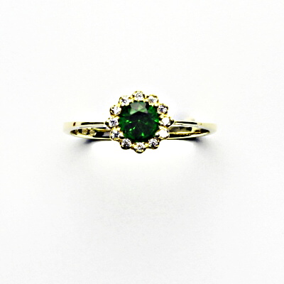 Zlatý prsten, žluté zlato, zirkon emerald, čiré zirkony, T 1495