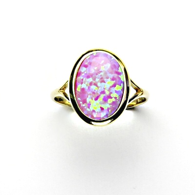 Zlatý prsten, syntetický růžový opál, žluté zlato, T 1454