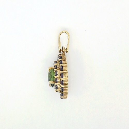 Zlatý přívěsek, přírodní vltavín a přírodní granáty , žluté zlato  - 2,93 g