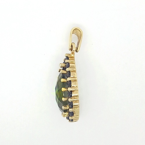 Zlatý přívěsek slza, přírodní vltavín a přírodní granáty , žluté zlato  - 3,46 g