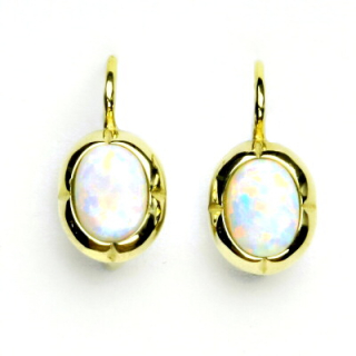 Zlaté náušnice, žluté zlato, bílý syntetický opál, NK 1374