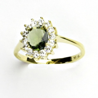 Zlatý prsten, žluté zlato,Kate, přírodní vltavín, čiré zirkony, T 1507 8x6