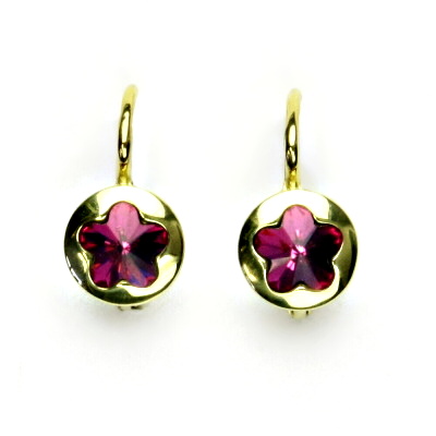 Zlaté náušnice, žluté zlato, Swarovski krystal fuchsia, kytičky, NK 1300