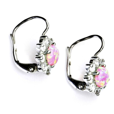 Zlaté náušnice, čiré zirkony a syntetickým růžovým opálem, bílé zlato, VE 61