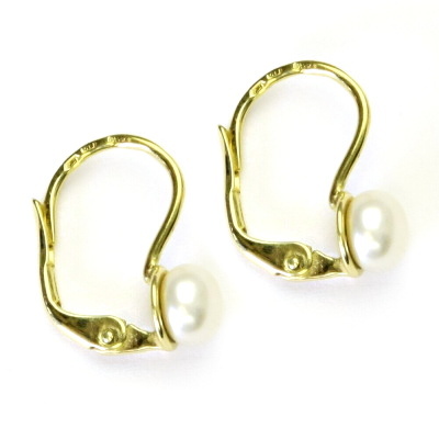 Zlaté náušnice, žluté zlato, bílá přírodní říční perla, NK 1183 