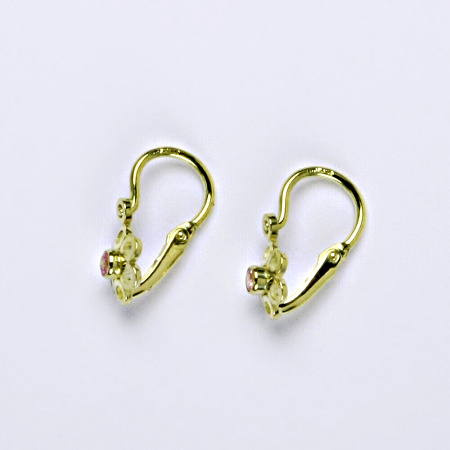 Dětské zlaté naušnice s růžovým zirkonem,žluté zlato,kytička