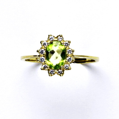 Zlatý prsten Kate, žluté zlato, přírodní olivín, čiré zirkony, T 1480